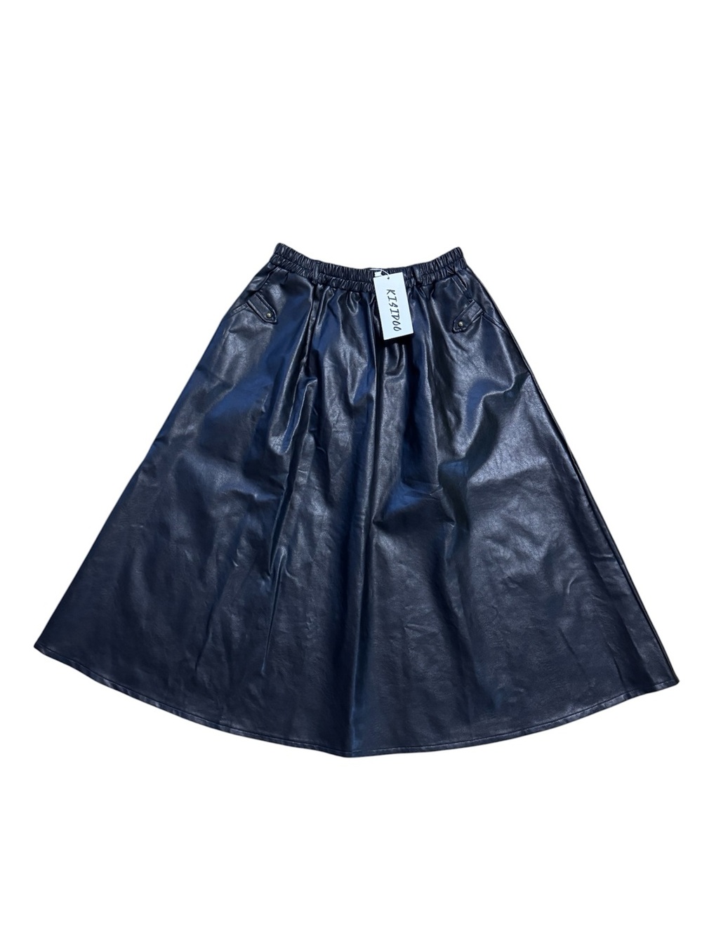 NWT KISIDOO Faux Leather Maxi Skirt Black A-Line Elastic Waist Pocket Edgy Goth